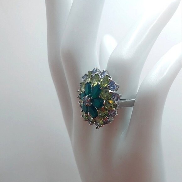 Natural Aventurine 6x4mm, Peridot, Tanzanite 925 Sterling Silver Ring Size 6.75 - Picture 7 of 11